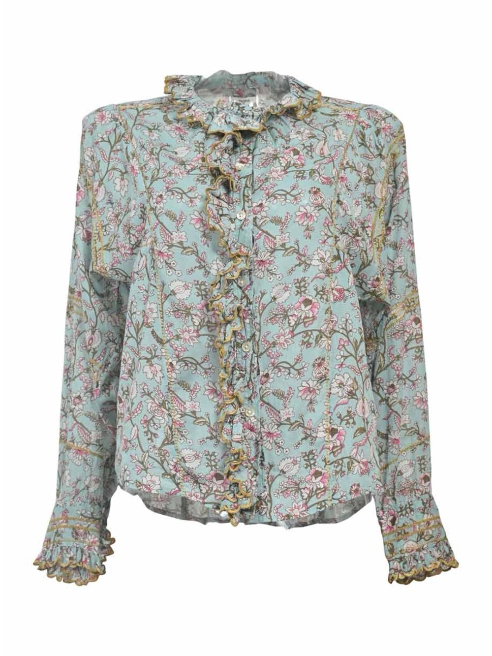 ISABEL MARANT ETOILE MEXIKA Button Top Almond Green Floral Ruffle Collar Trim 38
